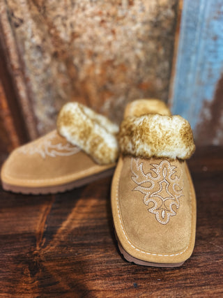 Pair of tan slippers with fur trim on a wooden surface