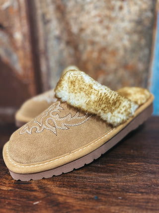 Tan slipper with white fur lining on a wooden surface
