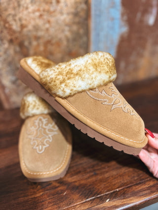Pair of tan slippers with fur trim on a wooden surface