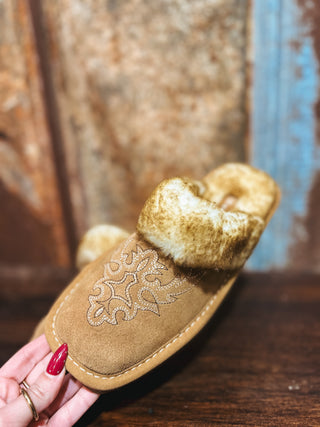 Brown slipper with fur trim held by a hand against a wooden background