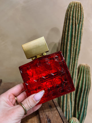 Red transparent handbag with gold clasp held by a hand against a neutral background
