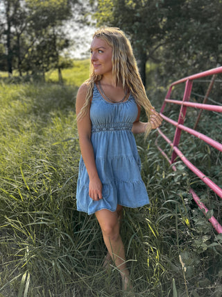 Woman in a blue dress standing in a grassy field with a pink gate in the background
