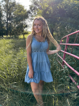Woman in a blue dress standing in a grassy field with a pink gate.