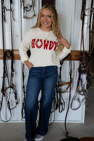 Woman wearing a 'HOWDY' sweater in front of horse equipment
