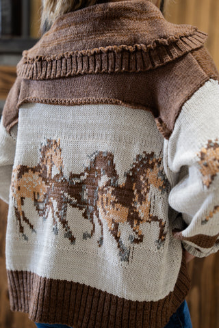 Close-up of a sweater with horse pattern and brown collar
