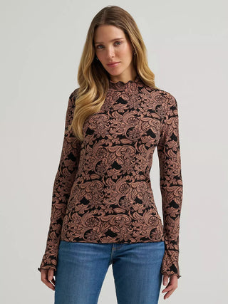 Wrangler Women's Floral Tooled Mock Neck Top {Black}