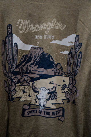 Brown t-shirt with 'Wrangler' logo and desert scene design.