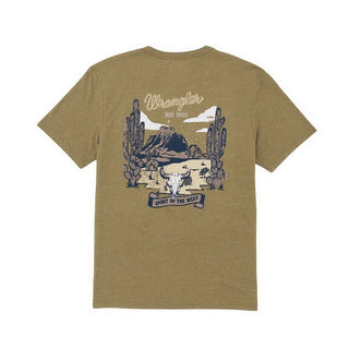 Olive green t-shirt with desert graphic and 'Wrangler' branding on a white background
