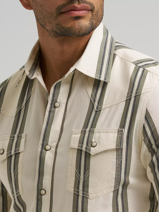 Wrangler Men's Retro Modern Fit Striped Pearl Snap {Olivine}