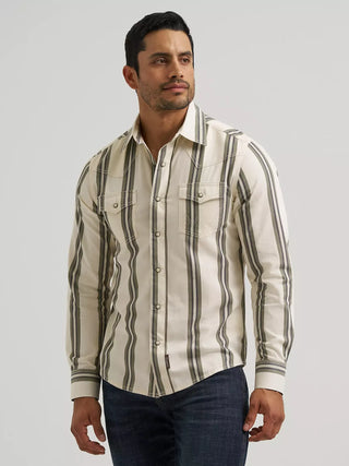 Wrangler Men's Retro Modern Fit Striped Pearl Snap {Olivine}