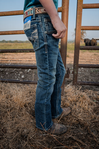 Person wearing blue jeans standing near a metal gate with a field and animals in the background.