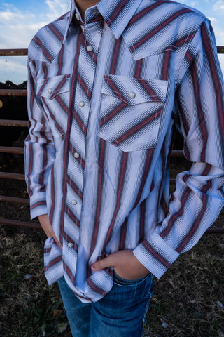 Person wearing a striped western-style shirt with a blurred background
